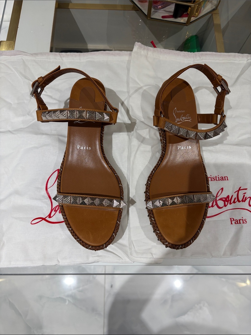 Christian Louboutin Tan Leather Studded Ankle-Strap Sandals